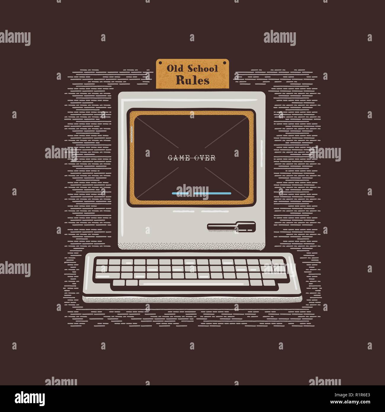 Vecchio Personal Computer. Retrò PC icon emblema con le vecchie regole scuola preventivo. Vettore di stock illustrazione piatta isolati su sfondo scuro Illustrazione Vettoriale