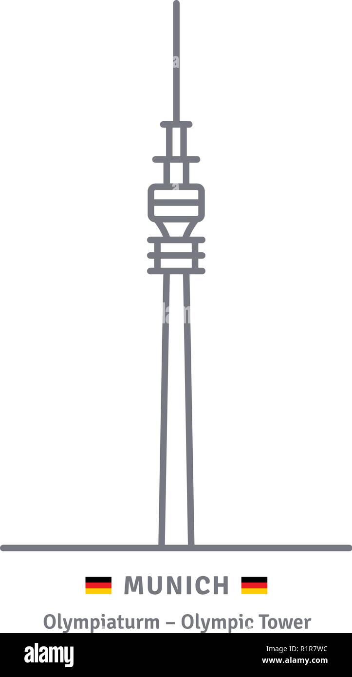 Monaco di Baviera icona linea. Olympiaturm la torre della televisione e la bandiera tedesca illustrazione vettoriale. Illustrazione Vettoriale