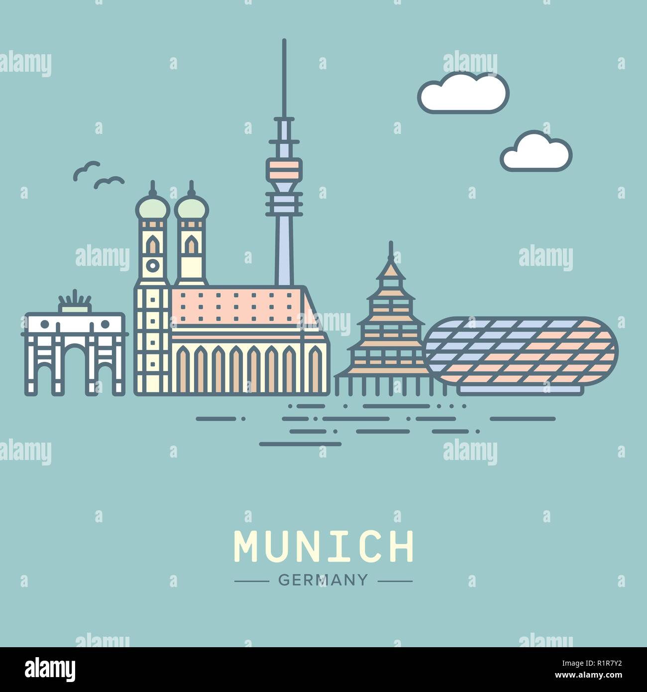 Icona linea stile cityscape di Monaco di Baviera e i punti di riferimento piatta illustrazione vettoriale Illustrazione Vettoriale