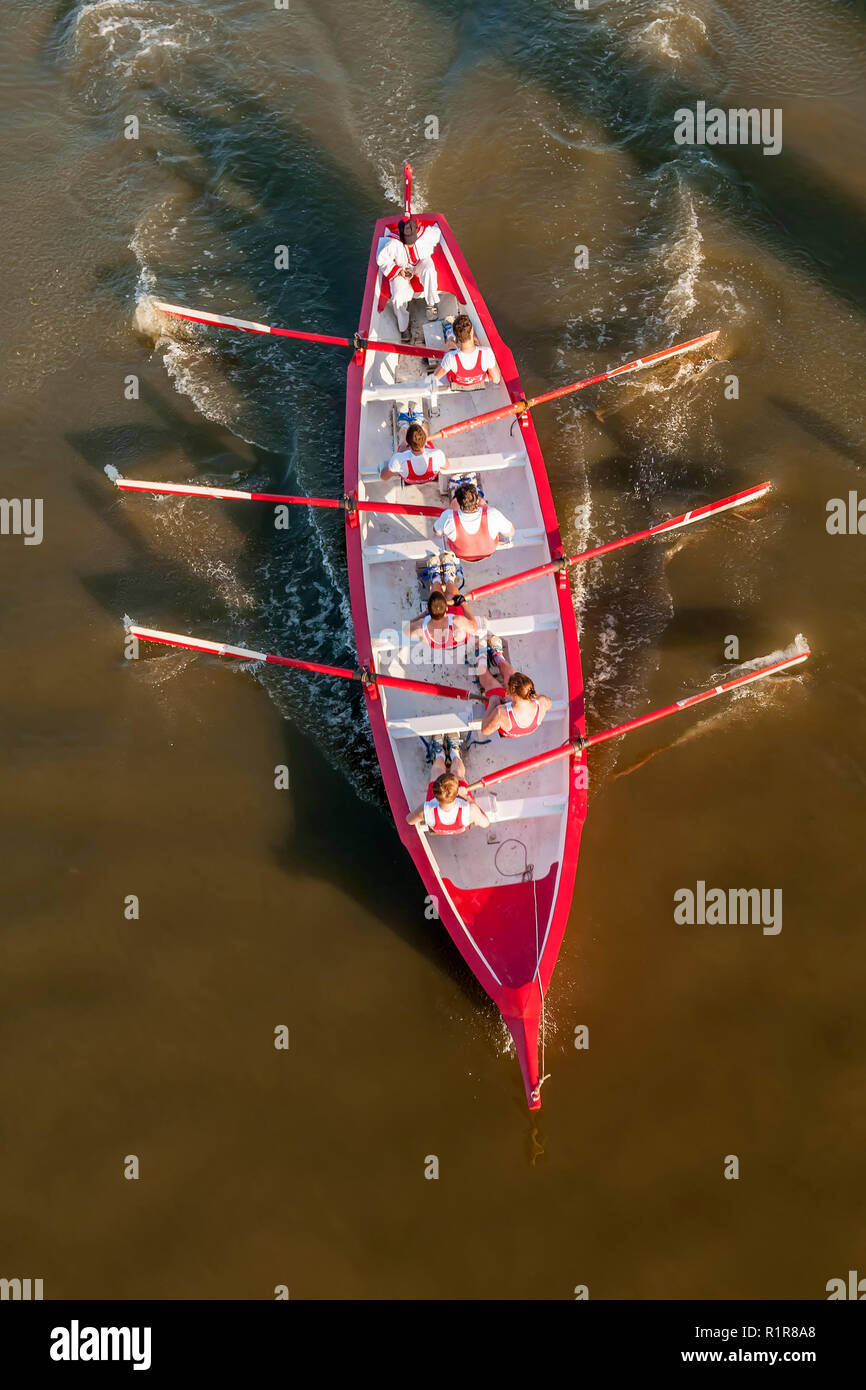 Equipaggio in azione su una barca a remi durante un concorso Foto Stock