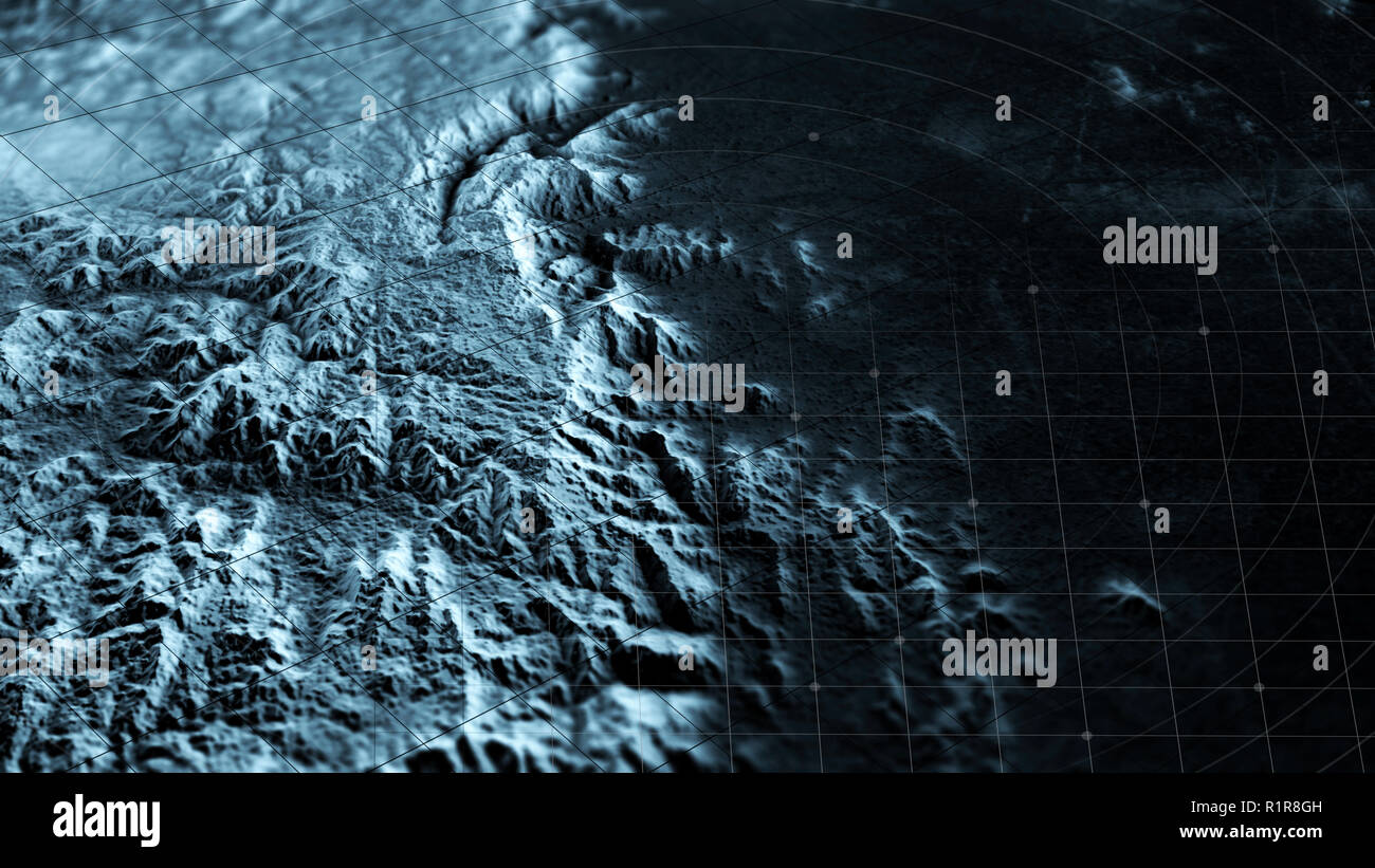 Vista satellitare della terra, le operazioni di guerra, sci-fi, la visione notturna. Drone volando sopra una zona. Operazione militare. Funzionamento in incognito. Rilievi di montagna Foto Stock