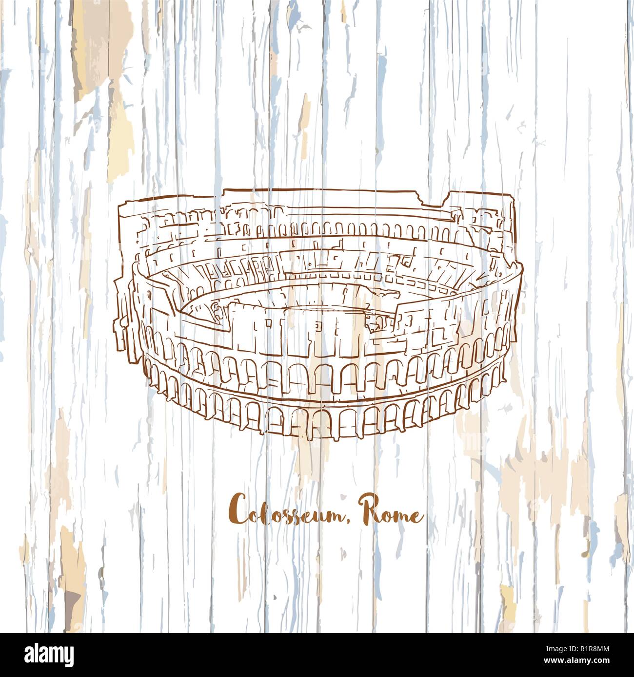 Colosseo Roma disegno su sfondo di legno. Disegnate a mano vintage vettore illustrazione. Illustrazione Vettoriale