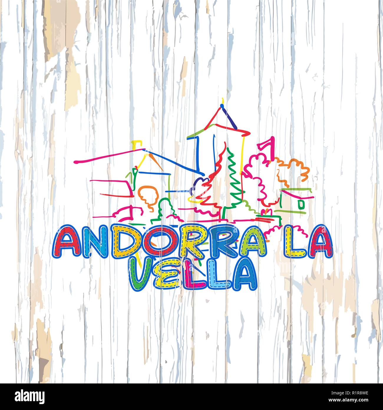 Colorato disegno Andorra su sfondo di legno. Disegnata a mano illustrazione vettoriale. Illustrazione Vettoriale