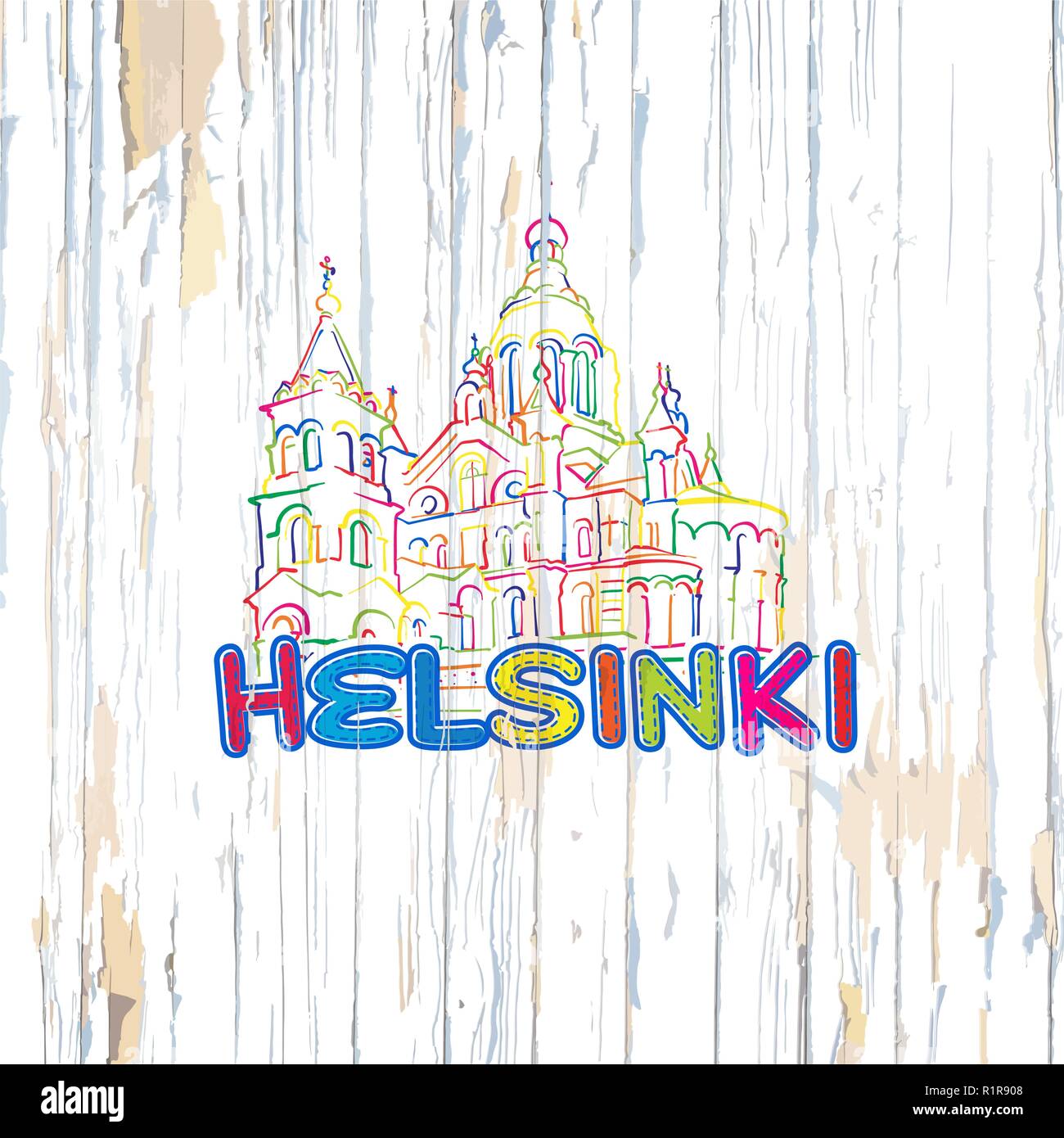 Colorato disegno di Helsinki su sfondo di legno. Disegnata a mano illustrazione vettoriale. Illustrazione Vettoriale