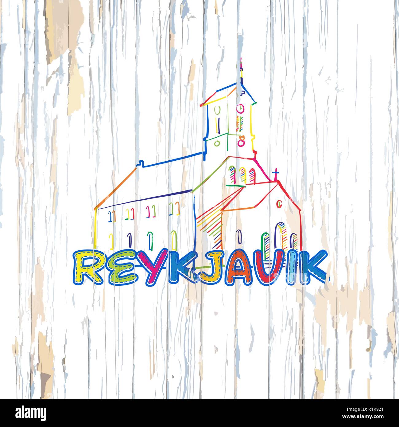 Colorato disegno di Reykjavik su sfondo di legno. Disegnata a mano illustrazione vettoriale. Illustrazione Vettoriale