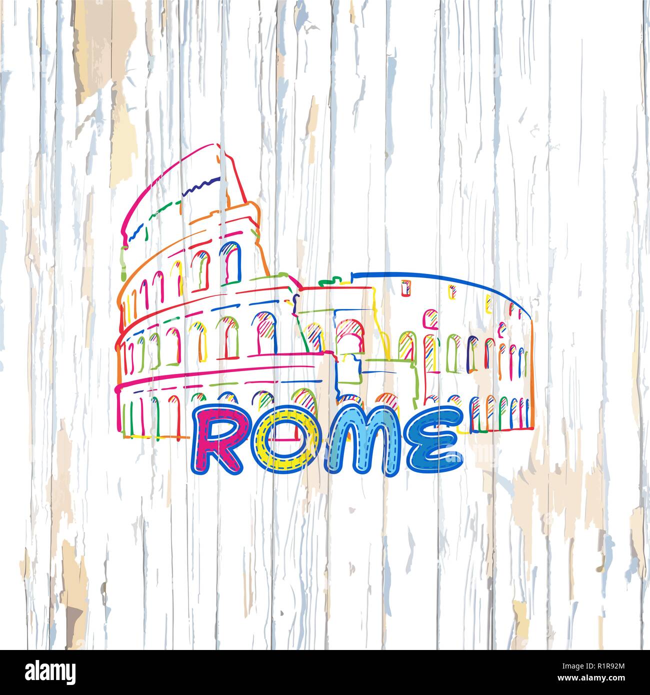 Roma colorato disegno su sfondo di legno. Disegnata a mano illustrazione vettoriale. Illustrazione Vettoriale