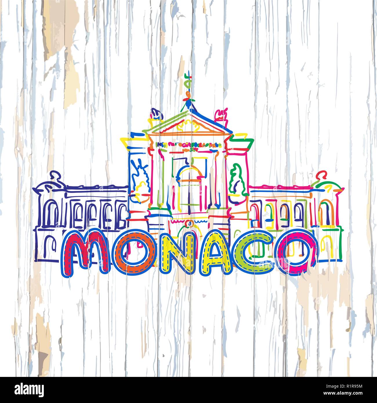 Monaco colorato disegno su sfondo di legno. Disegnata a mano illustrazione vettoriale. Illustrazione Vettoriale