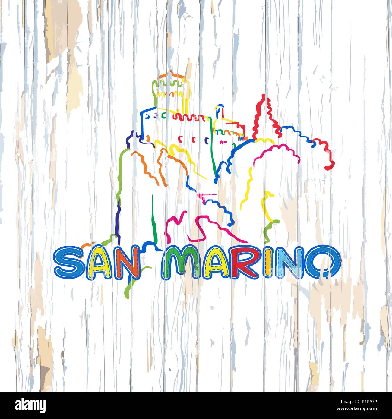Colorato San Marino disegno su sfondo di legno. Disegnata a mano illustrazione vettoriale. Illustrazione Vettoriale