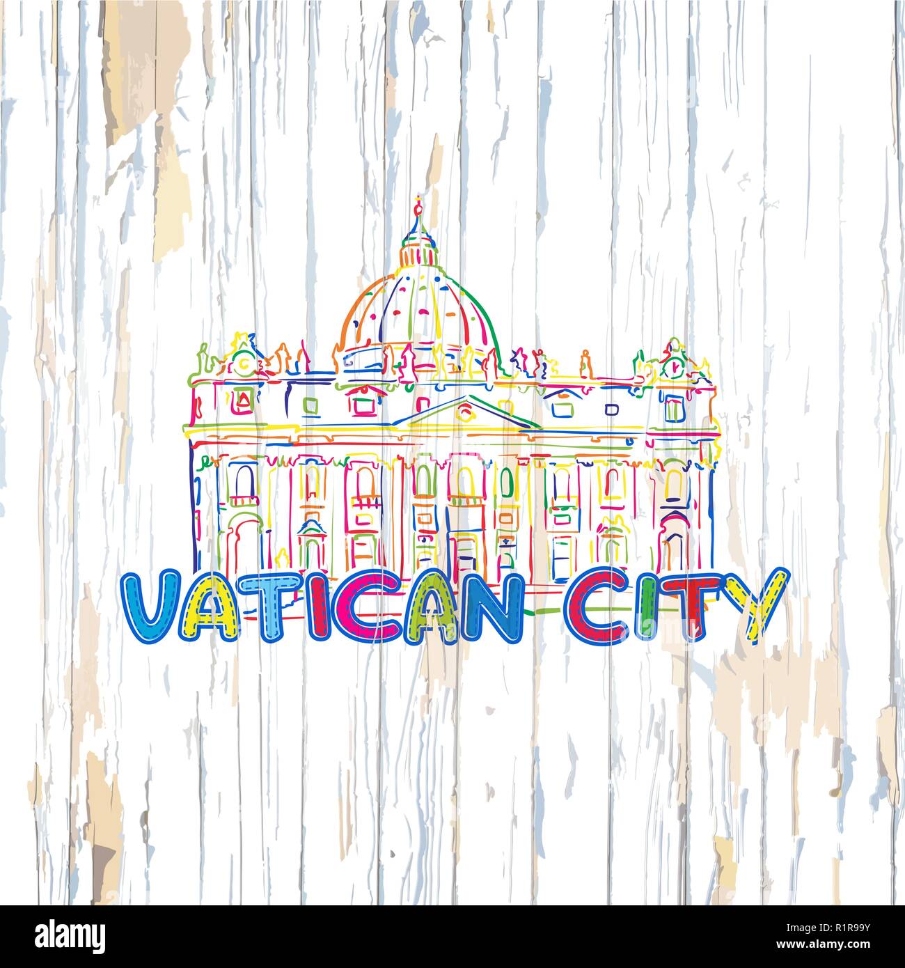 Vaticano colorato disegno su sfondo di legno. Disegnata a mano illustrazione vettoriale. Illustrazione Vettoriale