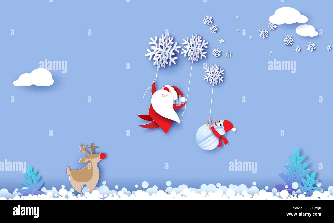 Auguri di Buon Natale design card con Babbo Natale, pupazzo di neve a volare con i fiocchi di neve oltre il campo di neve sul cielo azzurro sfondo . Carta vettoriale arte illustrazione. Carta tagliata e stile di artigianato. Illustrazione Vettoriale
