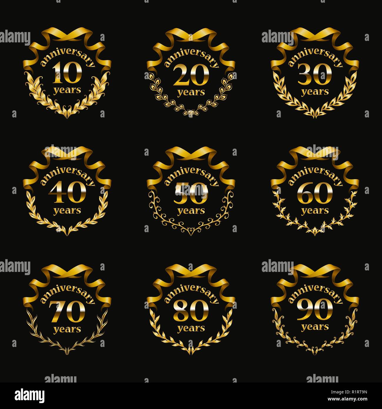 Set di gold anniversary badges Illustrazione Vettoriale