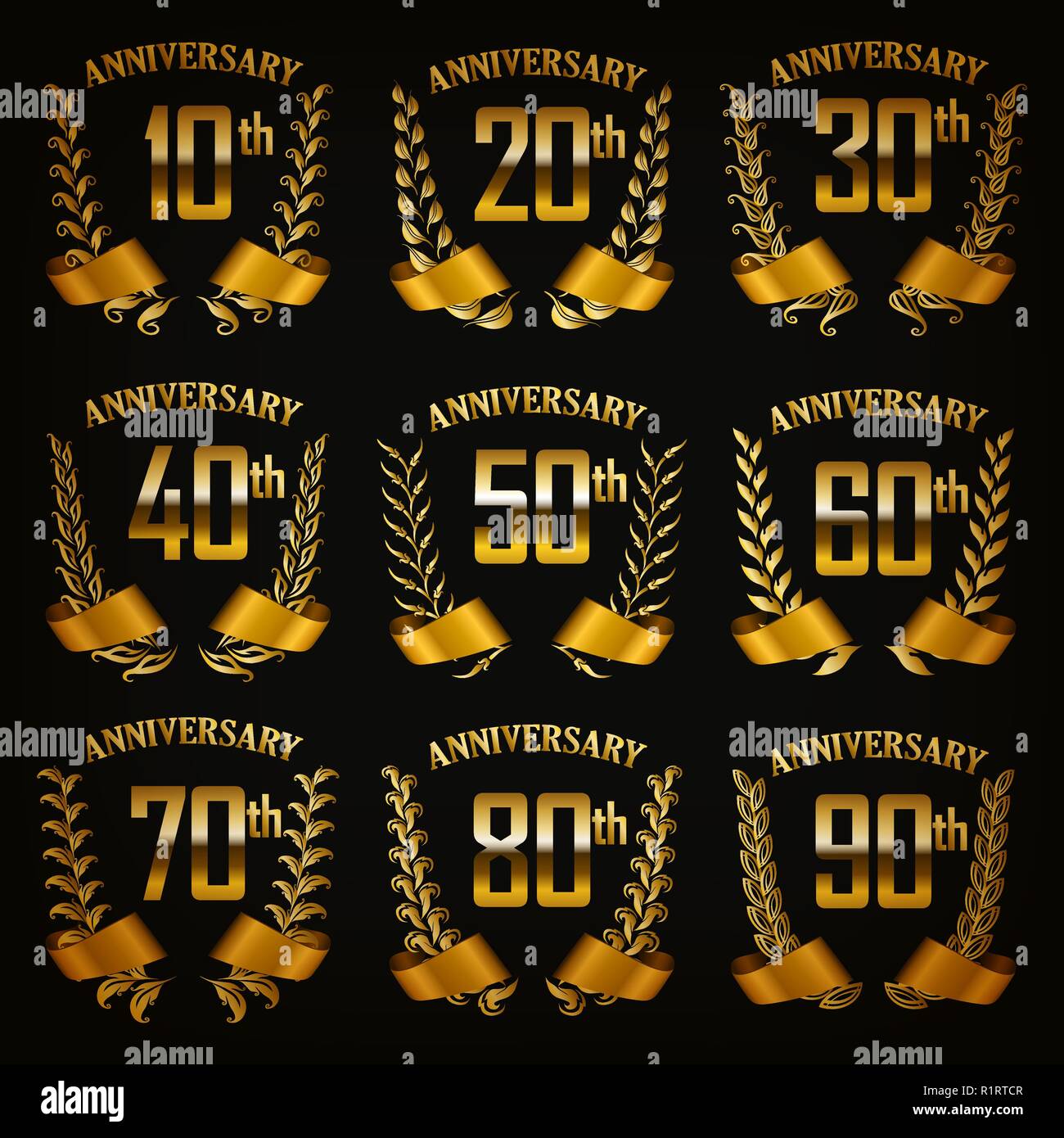Set di gold anniversary badges Illustrazione Vettoriale