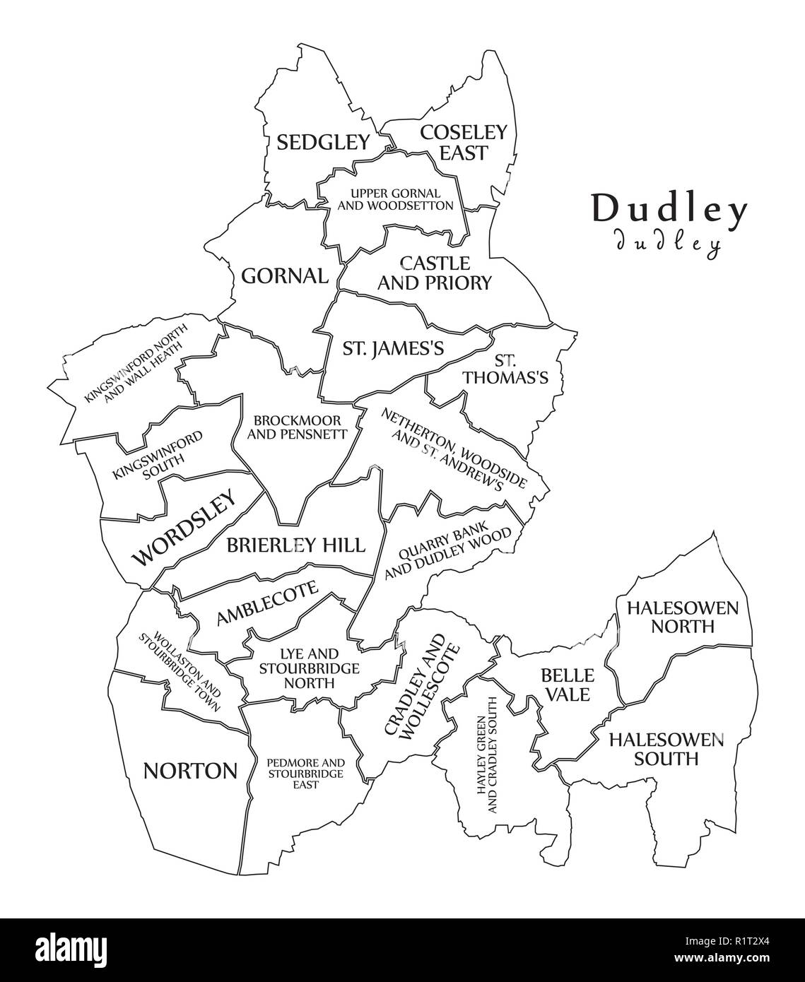 Città moderna mappa - Dudley città di Inghilterra con reparti di degenza e titoli del Regno Unito mappa di contorno Illustrazione Vettoriale