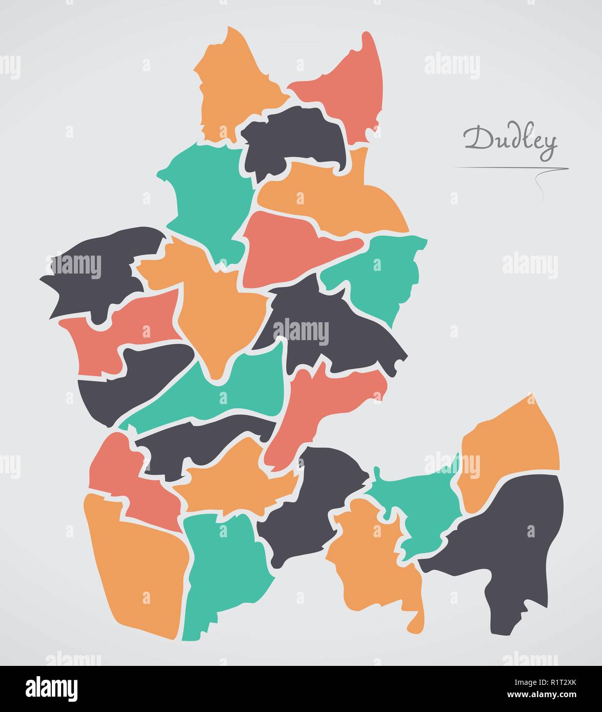 Dudley Mappa con reparti di degenza e di moderne forme rotonde Illustrazione Vettoriale