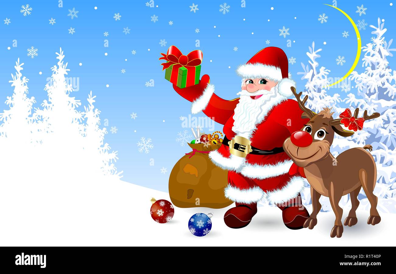 Babbo Natale e una renna in inverno foresta con regali per Natale Immagine  e Vettoriale - Alamy