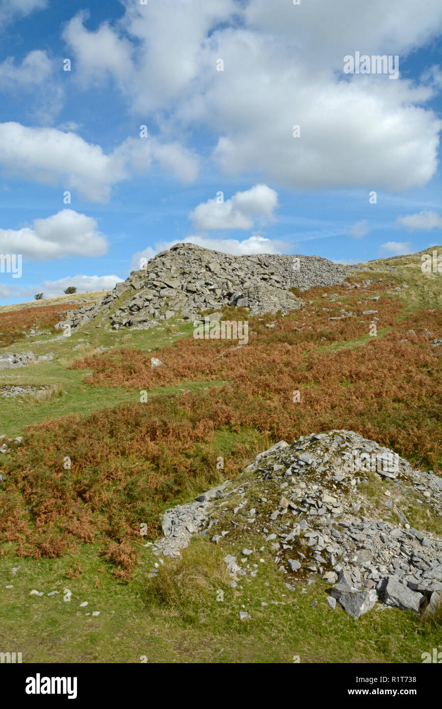 Pile di scartare le rocce di granito a cava Swelltor () in disuso nei pressi di Princetown su Dartmoor Foto Stock