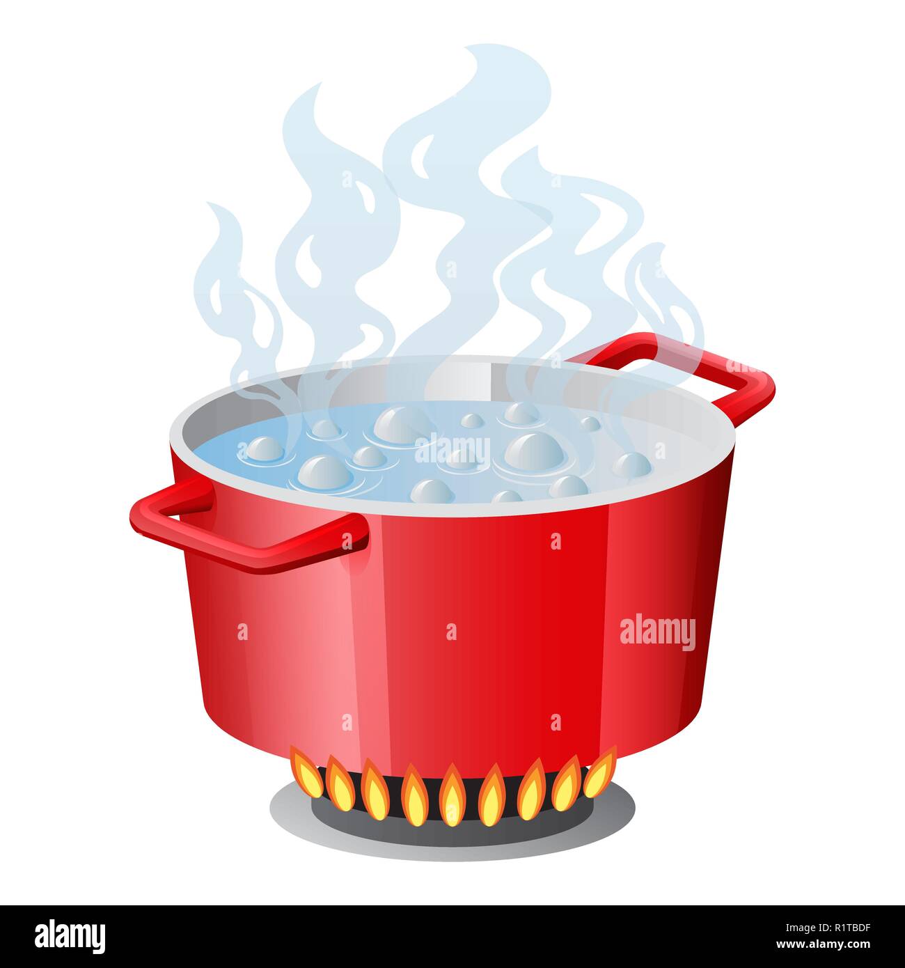 Red padella, pentola, tegame, casseruola, fornello, casseruola con acqua bollente e aperto il Red padella, pentola, tegame, casseruola, fornello, casseruola con acqua bollente e aperto il