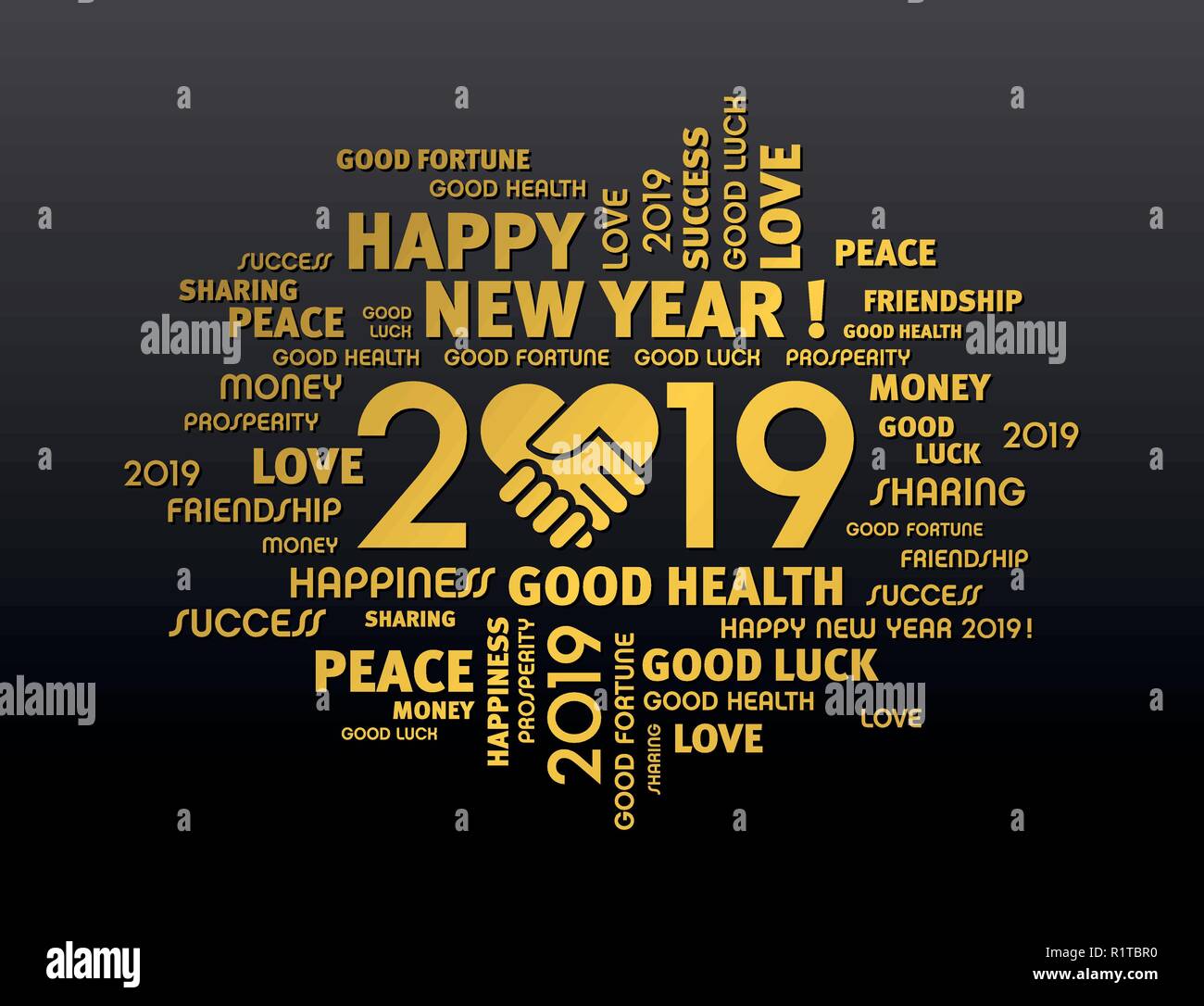 Oro parole di saluto intorno alla nuova data dell'anno 2019, composto con una stretta di mano il simbolo del cuore, su sfondo nero Illustrazione Vettoriale