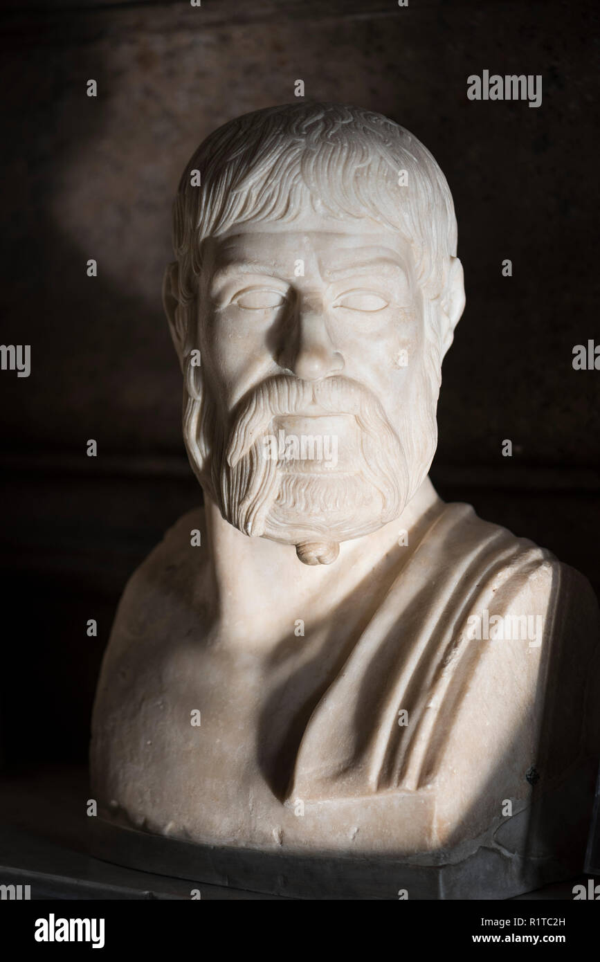 Roma. L'Italia. Busto di Pindari (Pindaros/Pindarus, ca. 522 - ca. 443 BC) Greco antico poeta lirico da Tebe nella Sala dei Filosofi, C Foto Stock