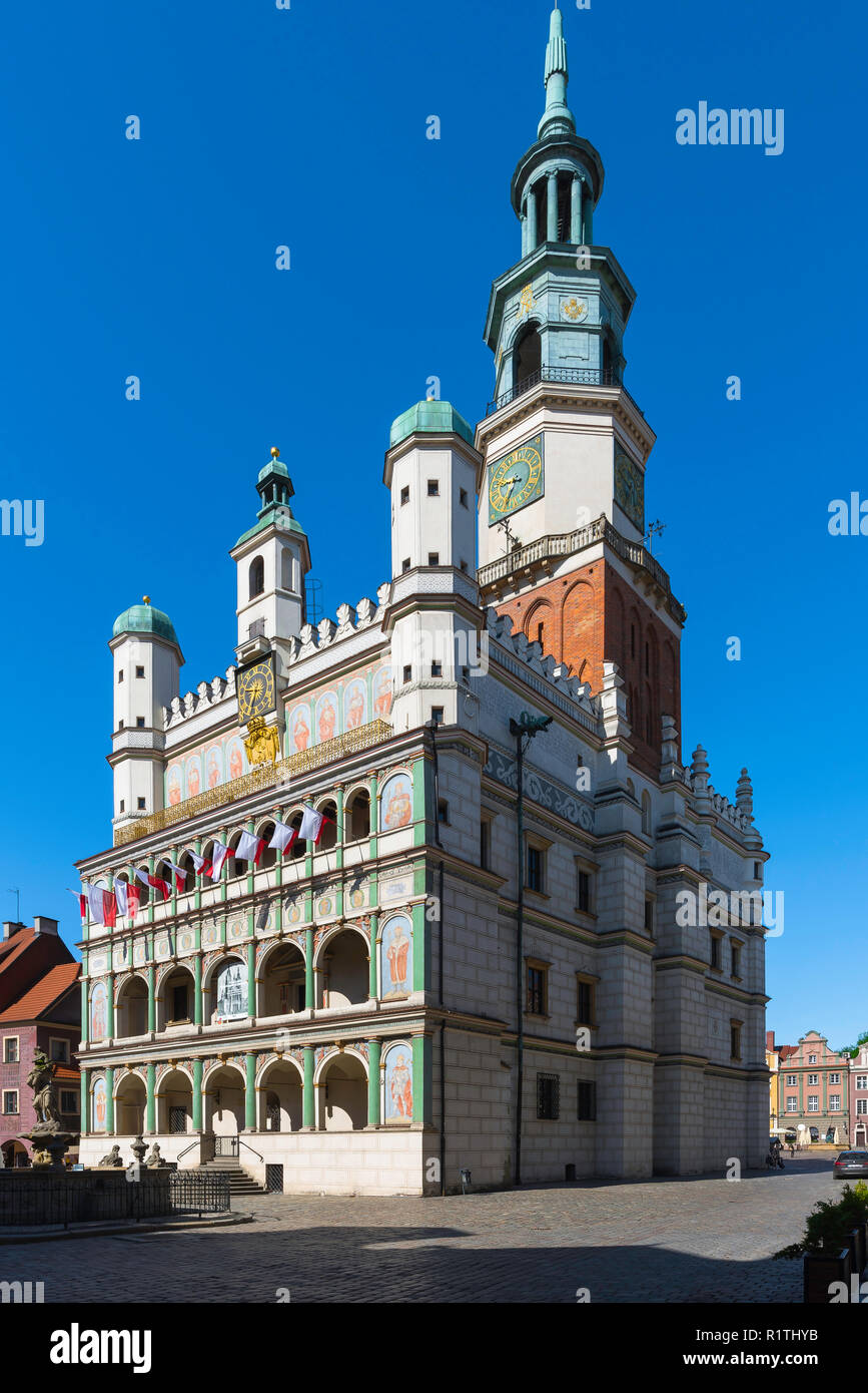 Poznan Town Hall, vista il rinascimentale Palazzo Comunale (Ratusz) nella piazza del mercato nella zona vecchia della città di Poznan, Polonia. Foto Stock