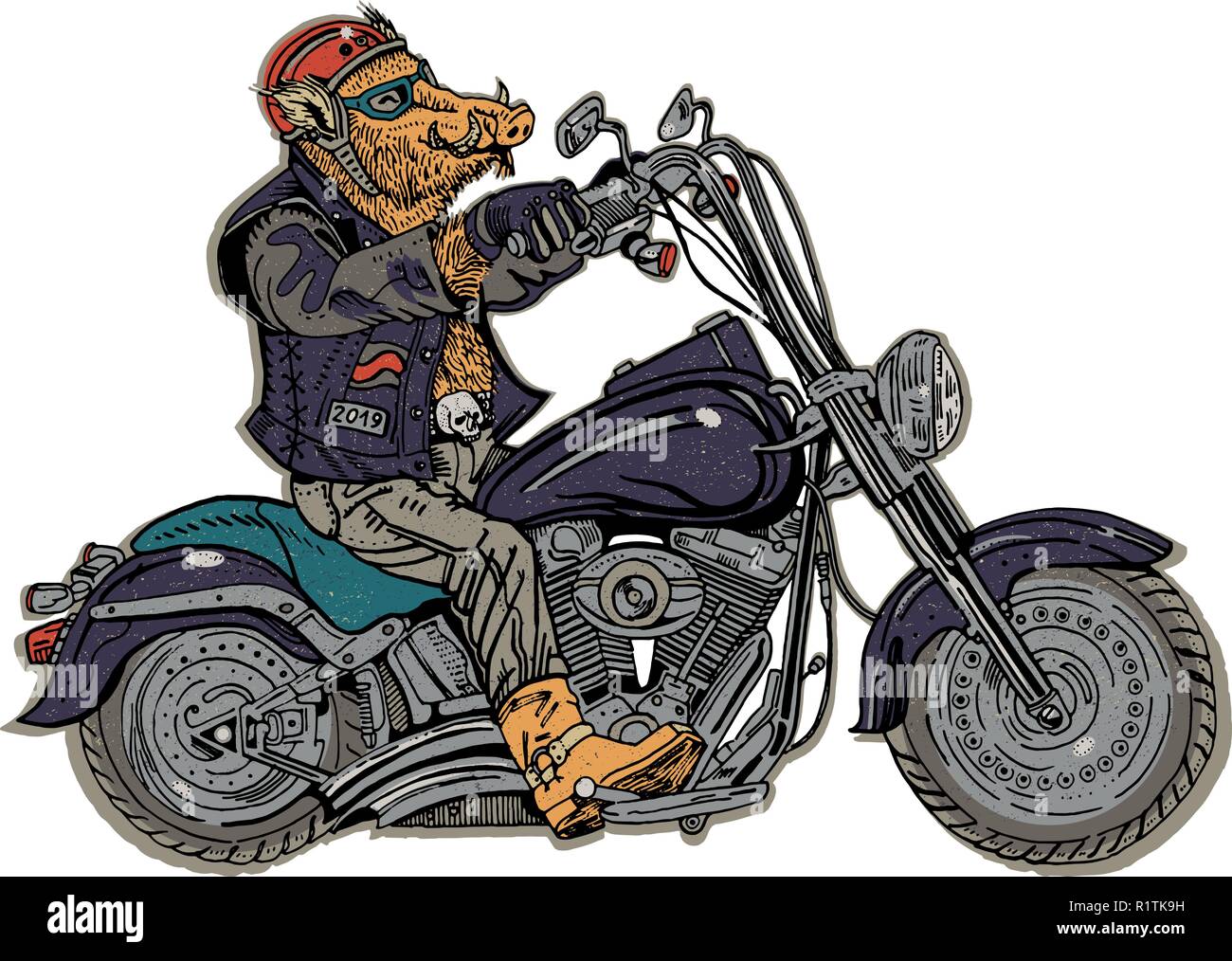 Cinghiale in moto. Biker, motociclista. Simbolo del 2019 - anno di un maiale. In stile retrò illustrazione grafica. Adesivo, poster, t-shirt, stampa tattoo. La musica rock, heavy metal. Illustrazione Vettoriale