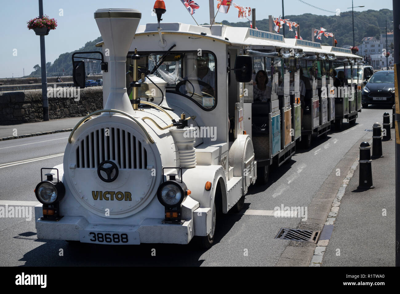 Strada Turistica Treno a St Peter Port Guernsey, Isole del Canale, REGNO UNITO Foto Stock