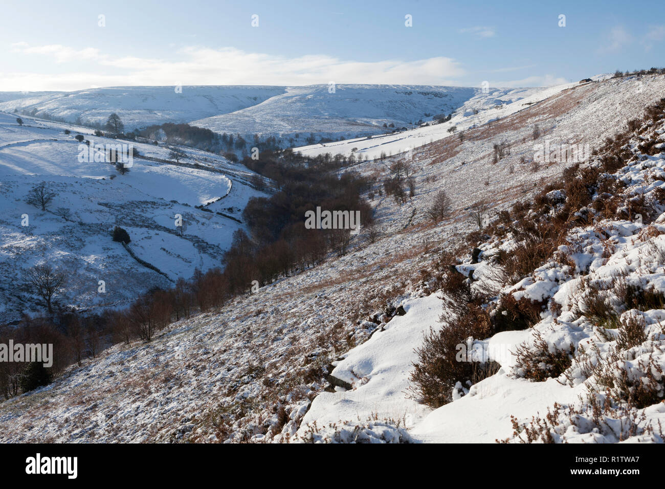Nevoso vista invernale della valle di Royd Edge Clough vicino a Meltham nello Yorkshire pennines Foto Stock