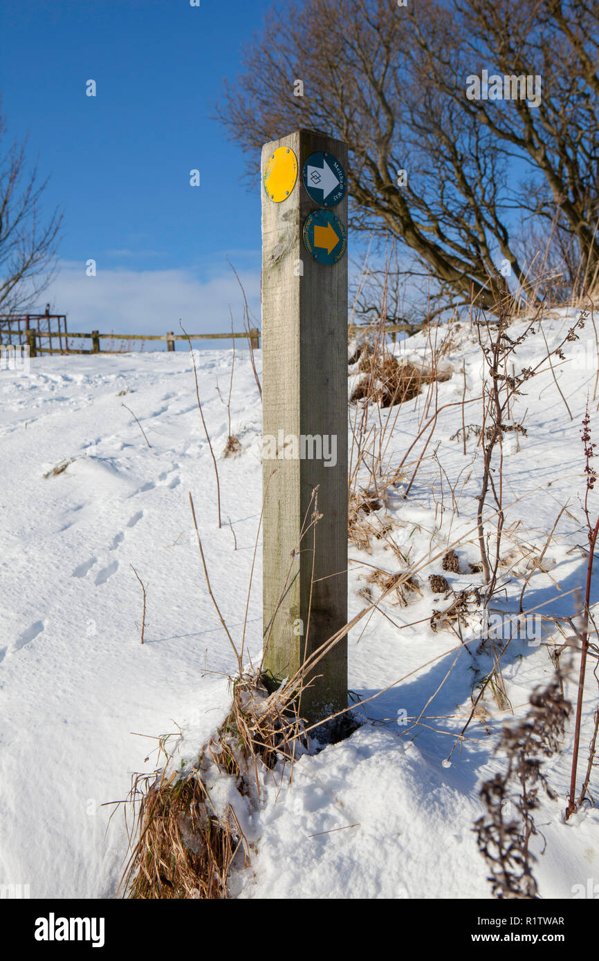 Vista invernale innevata di un segnavia all'incrocio dei sentieri lungo la via Meltham Foto Stock