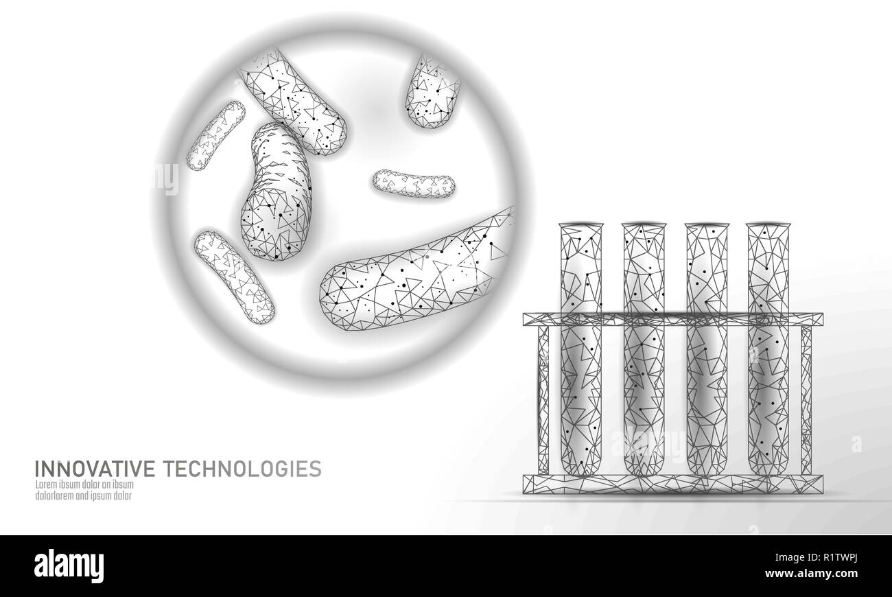 Provetta batteri 3D bassa poli rendono i probiotici. Analisi di laboratorio microrganismo. Una sana flora del corpo umano. La scienza moderna tecnologia allergia medicina immunità thearment illustrazione vettoriale Illustrazione Vettoriale