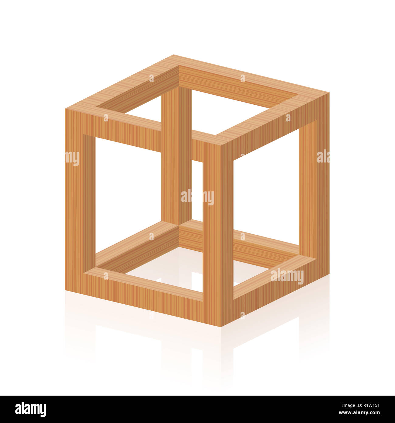 Illusione ottica. Impossibile o irragionevole cubo, inventato da M.C. Escher - legno illustrazione a trama su sfondo bianco. Foto Stock