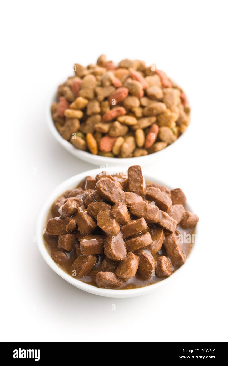 Pasto per un cane o un gatto. Conserve di carne con salsa e secco cibo kibble isolati su sfondo bianco. Foto Stock