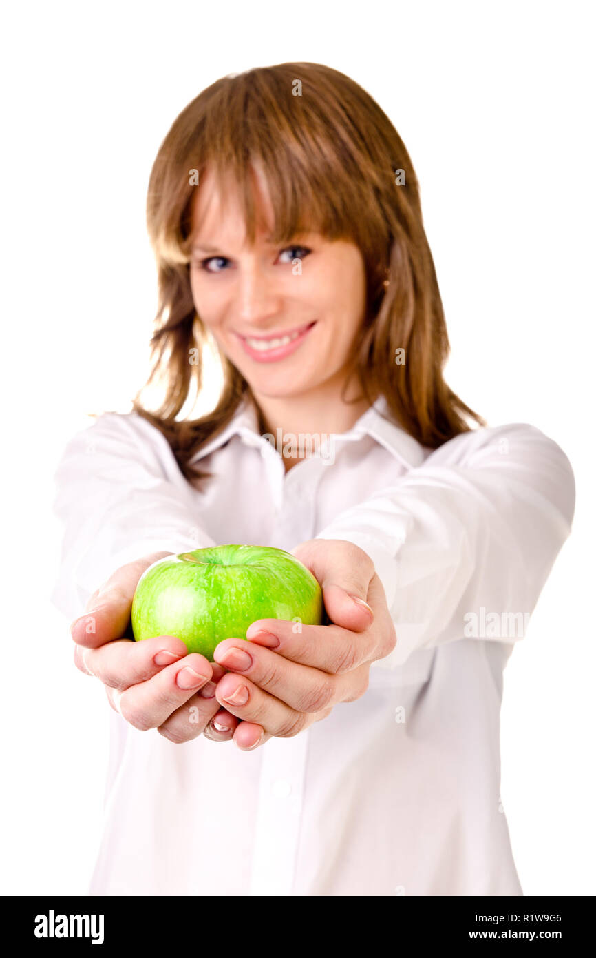 Donna con apple isolato su uno sfondo bianco Foto Stock