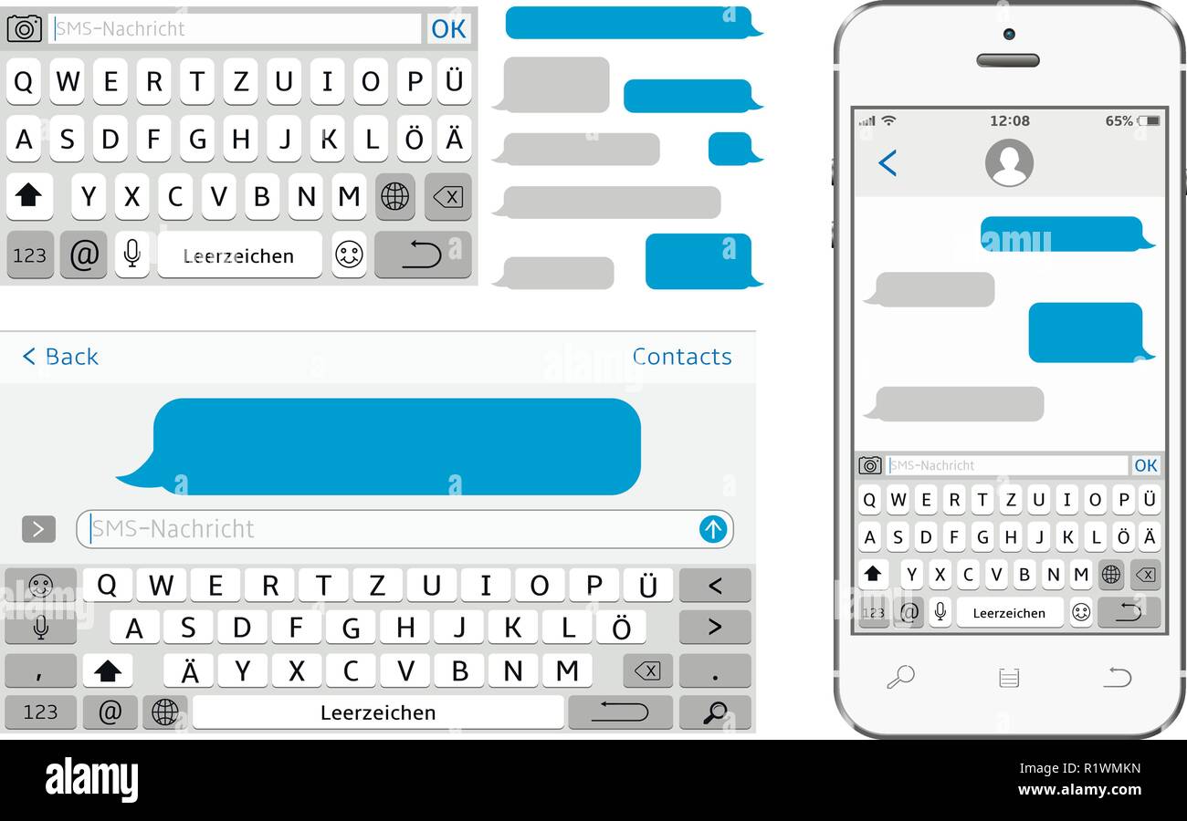 Germania alfabeto tastiera virtuale. Vettore chat telefono interfaccia. Sms messenger. Illustrazione Vettoriale