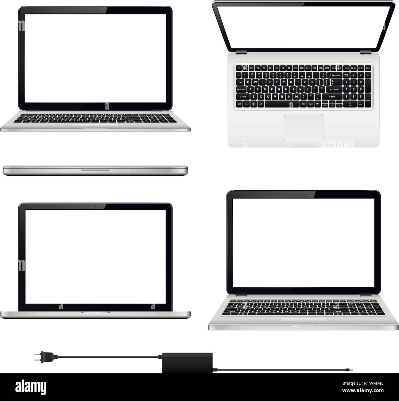 Set di vettore di computer portatili con schermo vuoto in posizioni diverse Illustrazione Vettoriale