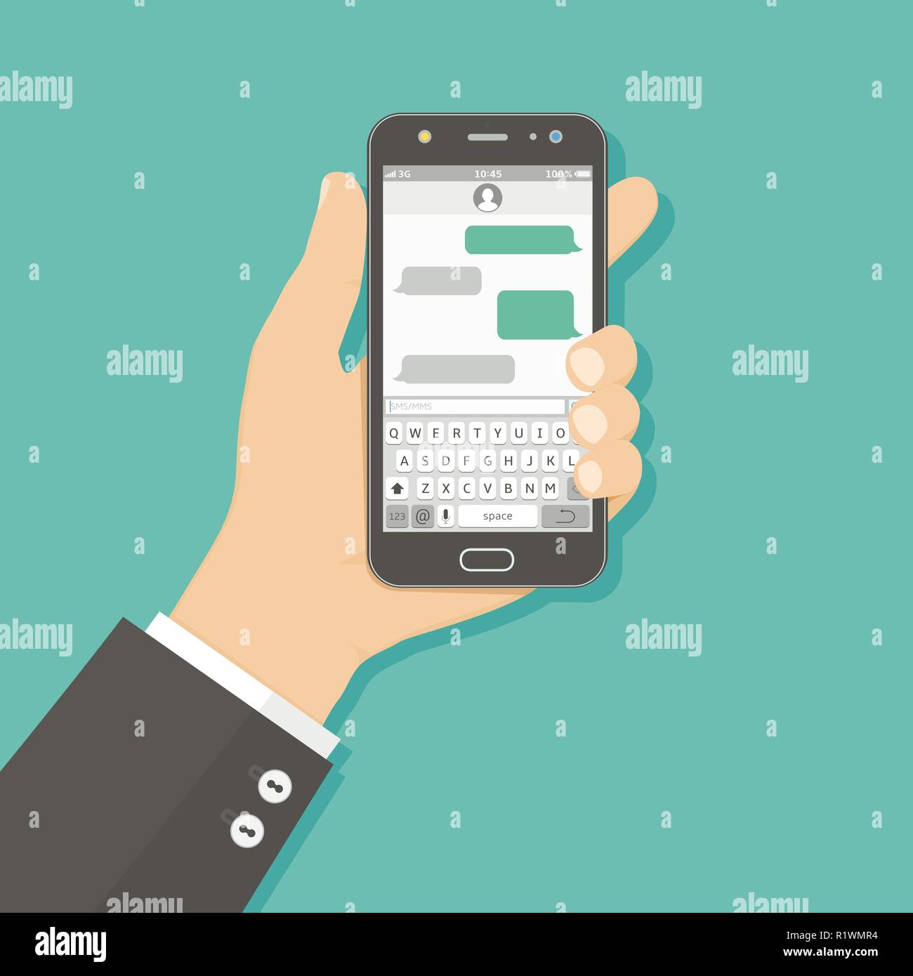 Mano azienda smartphone con messaggistica sms app Illustrazione Vettoriale
