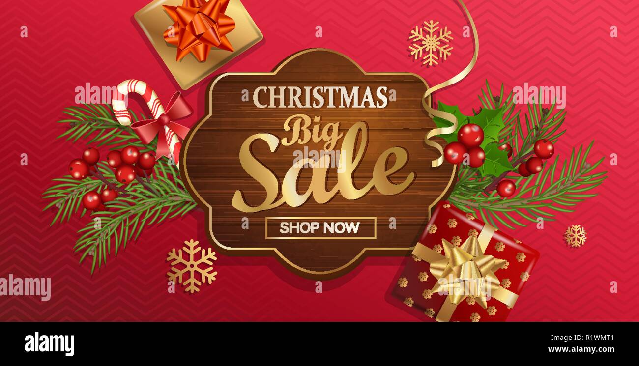 Natale grande vendita banner per le vacanze di Capodanno. Modello di sconto sul telaio di legno su sfondo rosso con i tradizionali elementi di natale-confezione regalo con fiocco oro,candy,ramo.illustrazione vettoriale. Illustrazione Vettoriale