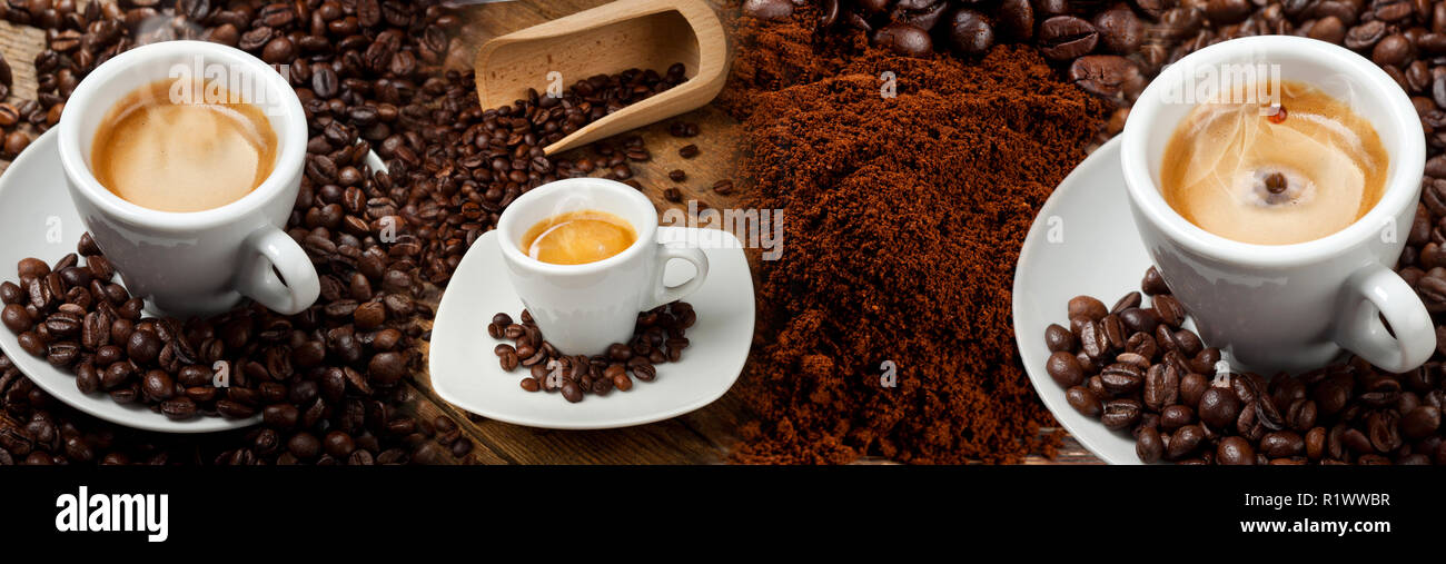Banner di caffè Collage con espresso, croissant e caffè in grani. Foto Stock
