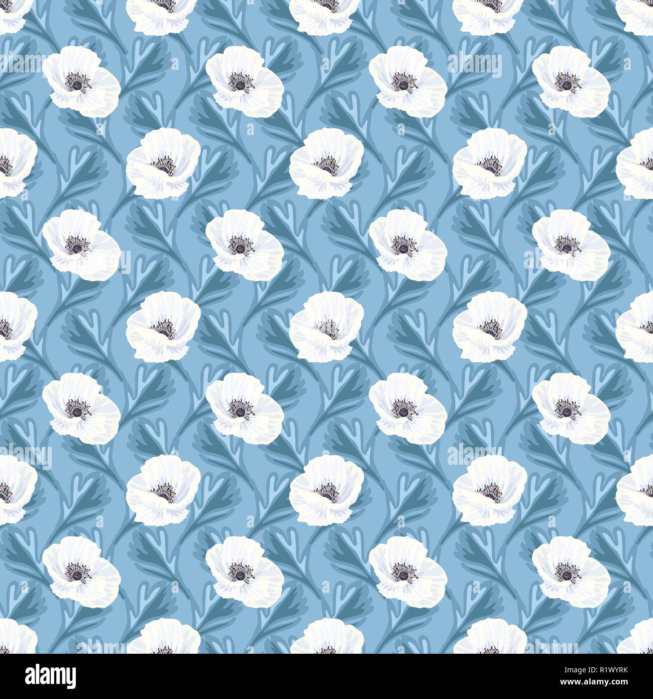 Gara vettore bianco di anemoni e foglie di colore blu su sfondo blu modello senza giunture Illustrazione Vettoriale