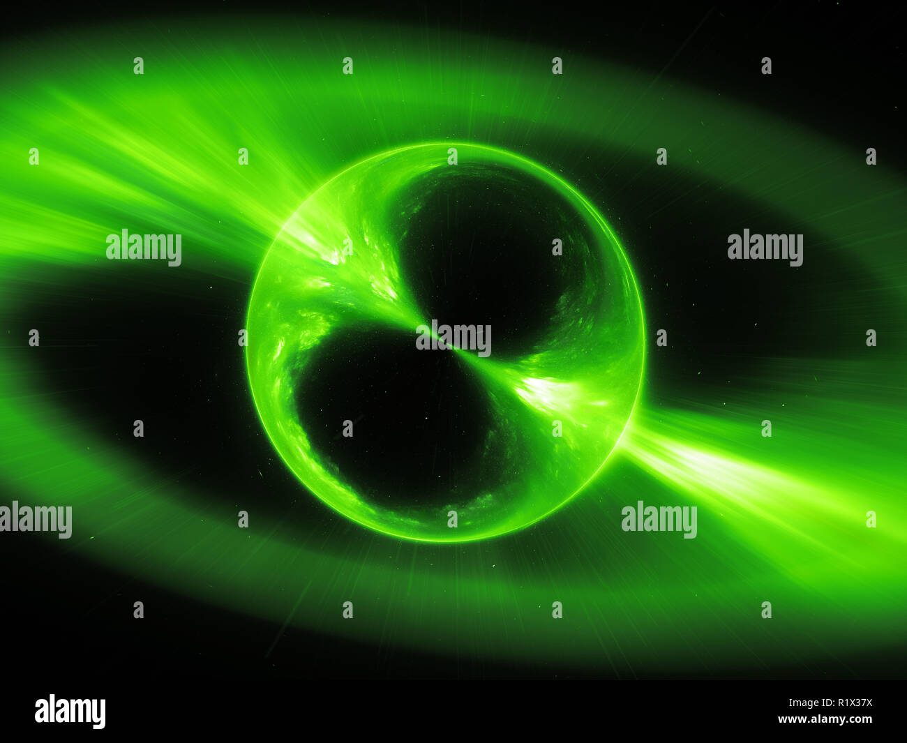 Incandescente verde supermassive mysterios oggetto nello spazio gamma ray burst, generato dal computer sfondo astratto, rendering 3D Foto Stock
