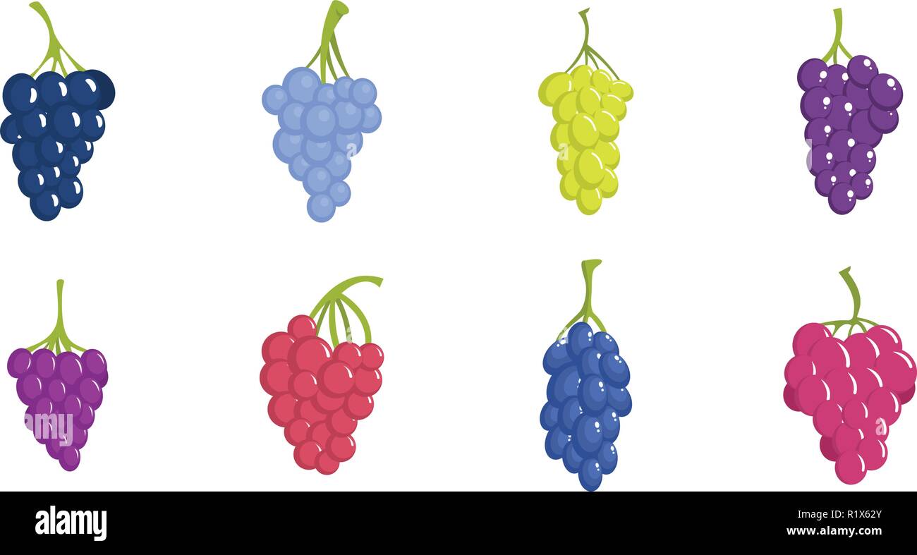 Vino di uve mazzetto di set di icone. Figura piana di 8 vini di uva grappolo alcool logo icone vettoriali per il web Illustrazione Vettoriale