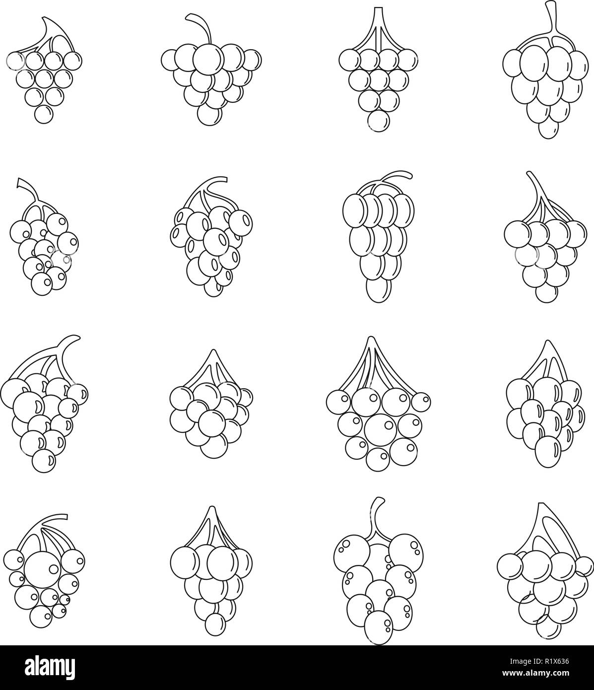 Vino di uve mazzetto di set di icone. Illustrazione di contorno di 16 vini di uva grappolo alcool logo icone vettoriali per il web Illustrazione Vettoriale