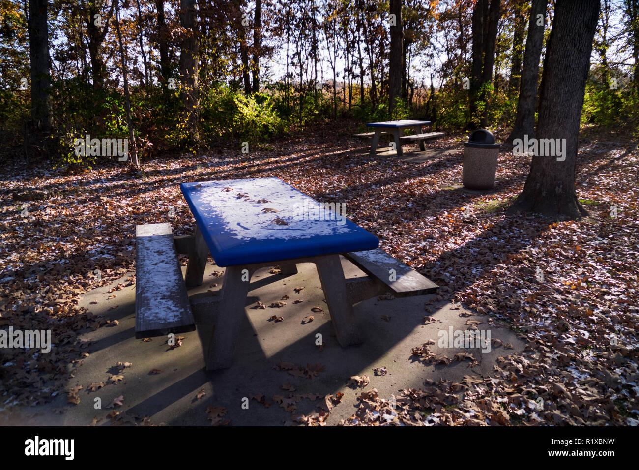 Inizio inverno spolverata di neve sui tavoli da picnic al Post Oak area riposo sulla Interstate 57 in Illinois. Foto Stock