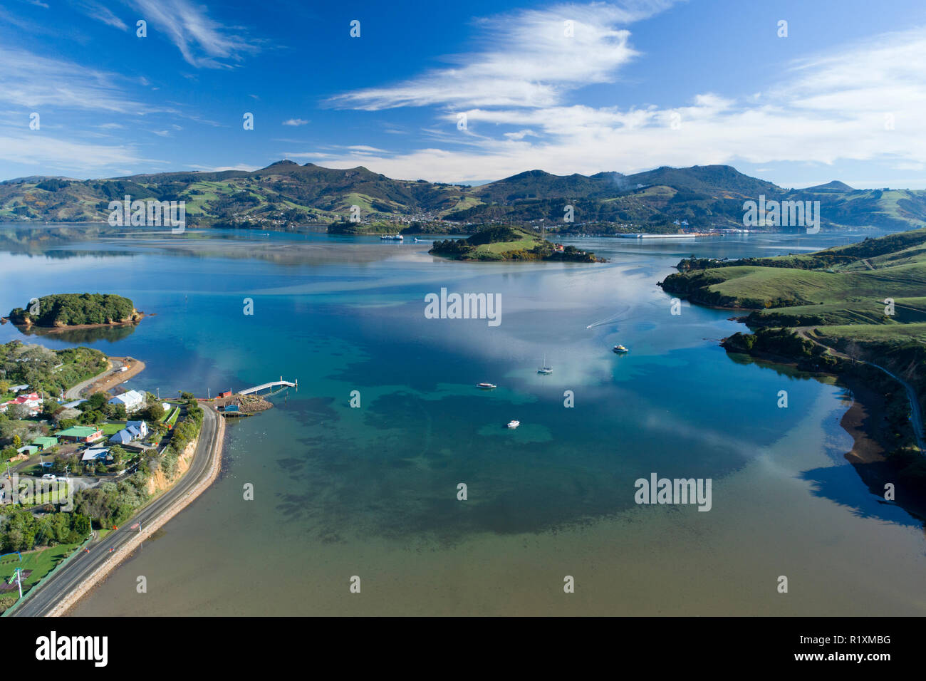 Porto di Otago di Portobello, Dunedin, South Island, in Nuova Zelanda - antenna fuco Foto Stock