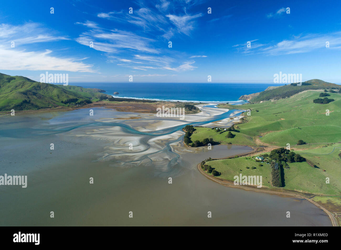 Ingresso Hoopers, Penisola di Otago, Dunedin, South Island, in Nuova Zelanda - antenna fuco Foto Stock