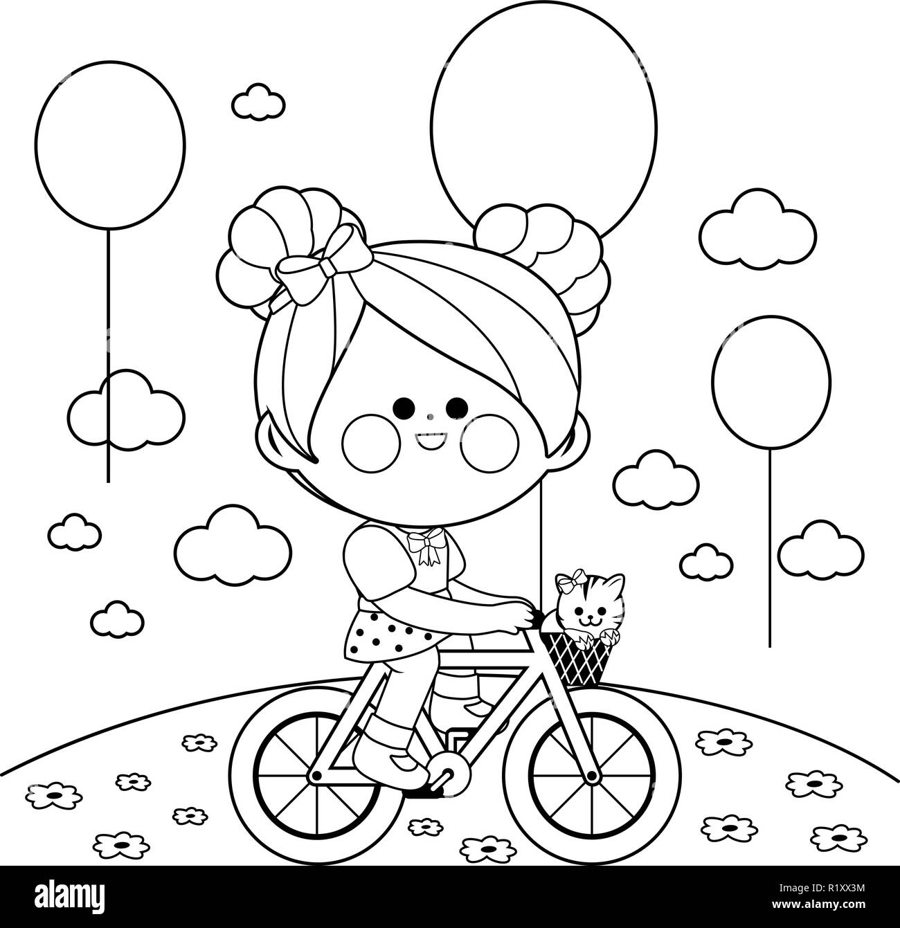 Bambini in bicicletta al parco. Una ragazza carina cavalca la sua bici con un palloncino e un gatto. Pagina di colorazione vettoriale in bianco e nero. Illustrazione Vettoriale