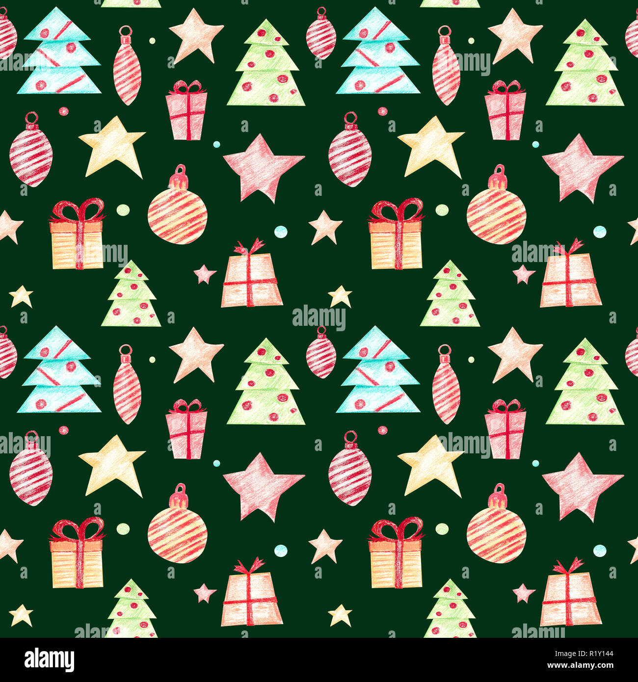 Natale seamless pattern con alberi di Natale, regali, decorazioni di Natale e stelle su uno sfondo verde. Foto Stock