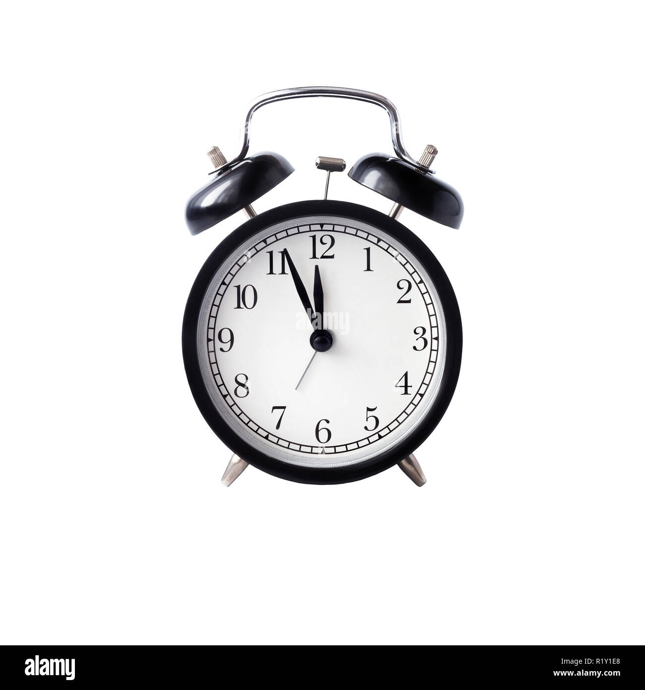 Allarme nero orologio con quadrante bianco contro uno sfondo bianco isolato Foto Stock