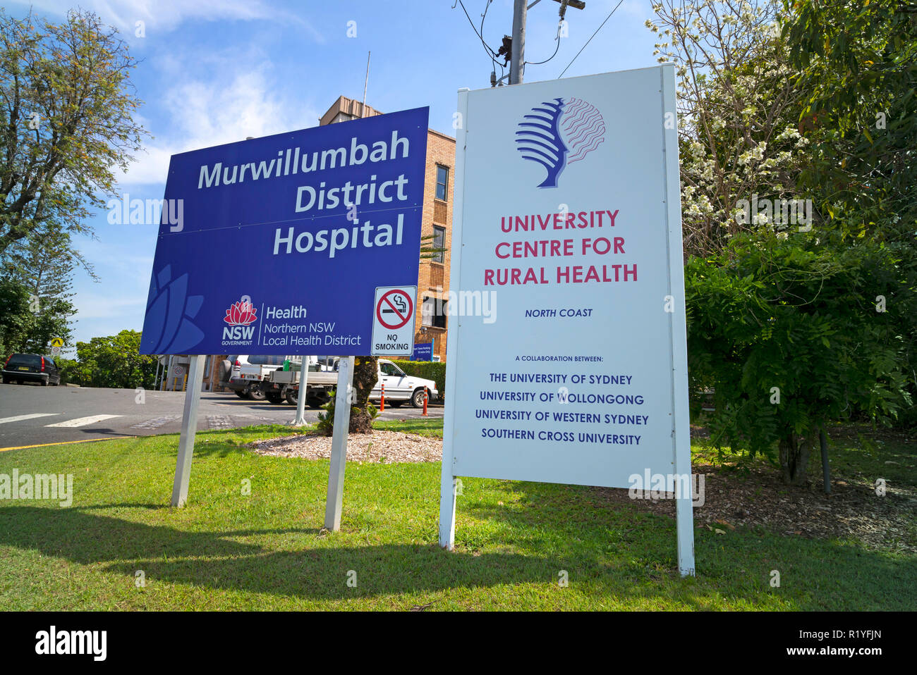 Indicazioni all'entrata di murwillumbah district hospital, nel nord del New South Wales, Australia Foto Stock