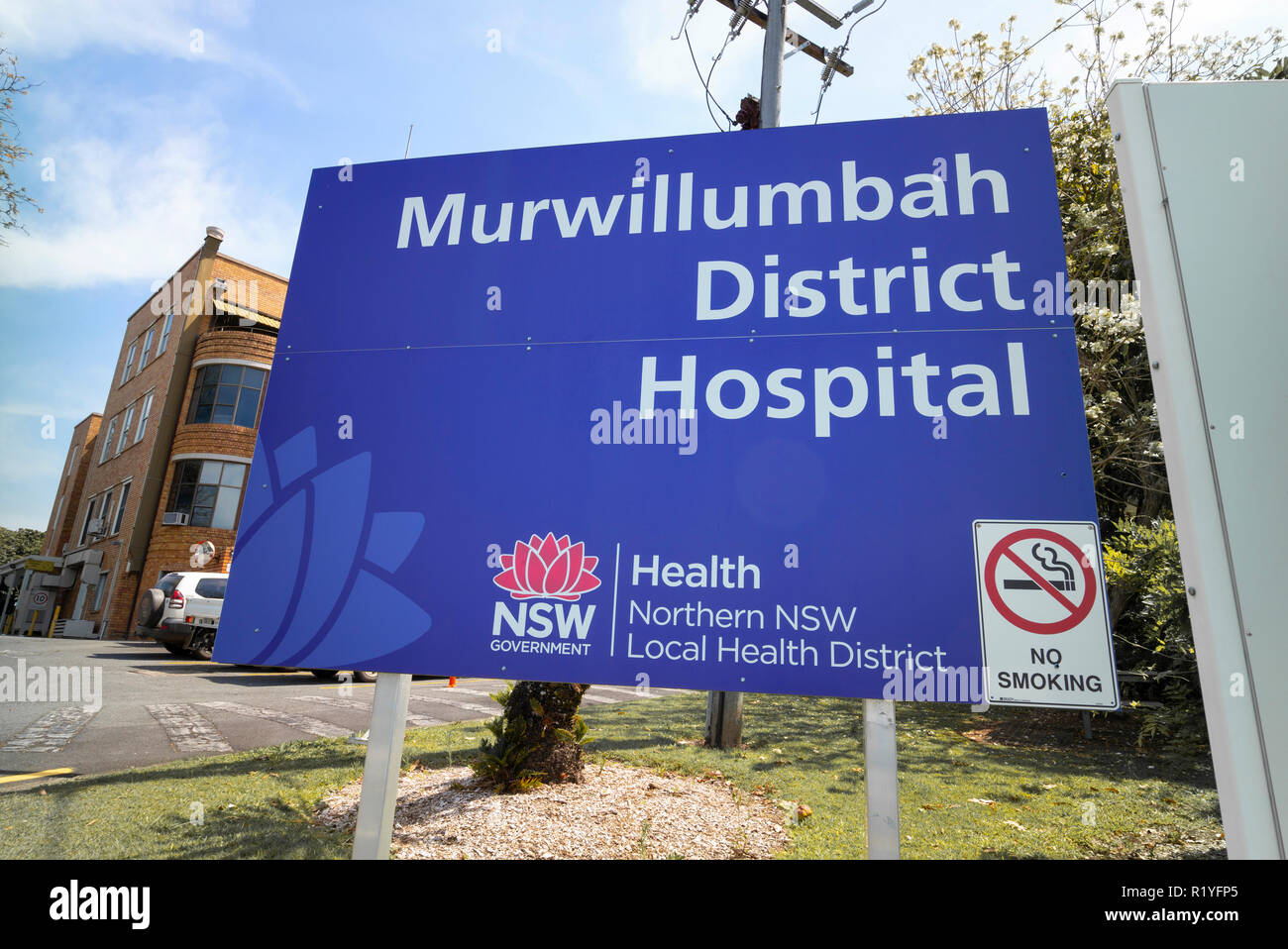 Indicazioni all'entrata di murwillumbah district hospital, nel nord del New South Wales, Australia Foto Stock