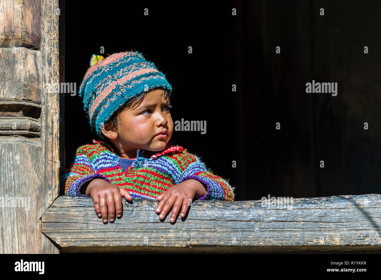 Un piccolo bambino guardando fuori dalla finestra di una casa in legno in Chitkul, l'ultimo villaggio della valle di Sangla Hill, situato a 3.400 m e circondato dalla neve cove Foto Stock